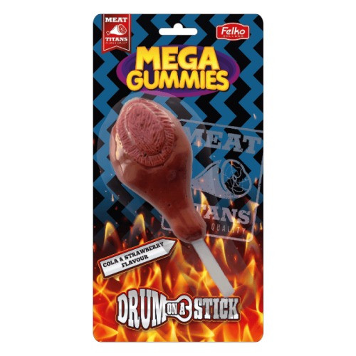 Mega Gummies Drum on a Stick Cola és eper ízű óriás gumicukor 120g