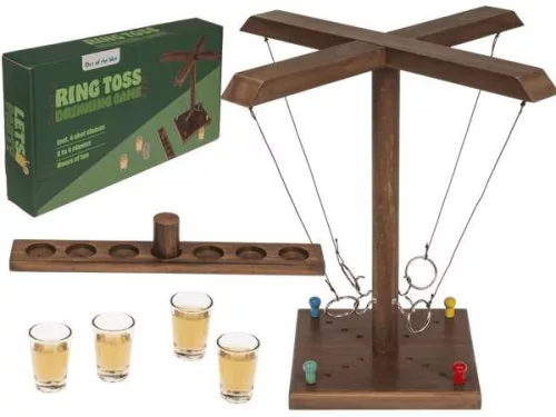 Wooden Ring Toss Drinking Game fa ügyességi ivós játék 4db felespohárral