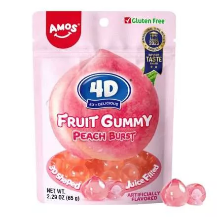 Amos 4D Fruit Gummy Peach Burst folyékony baracklével töltött gumicukor 65g