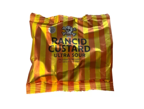 Mr Simms Rancid Custard rebarbara és puding ízű extrém savanyú cukor 100g