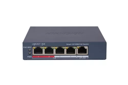 Hikvision Hikvision 5 portos PoE switch (60 W); 4 PoE + 1 uplink port; smart menedzselhető