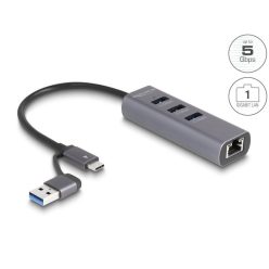   DeLock 3Port USB 5 Gbps Hub + Gigabit LAN with USB Type-C or USB Type-A connector in metal case