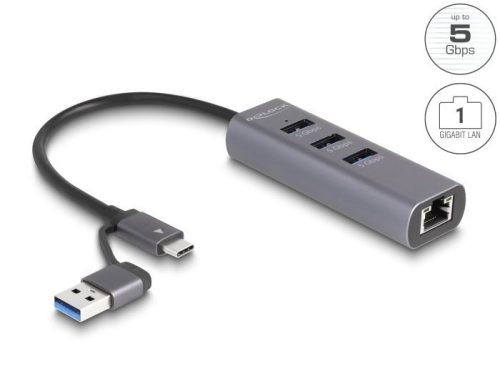 DeLock 3Port USB 5 Gbps Hub + Gigabit LAN with USB Type-C or USB Type-A connector in metal case