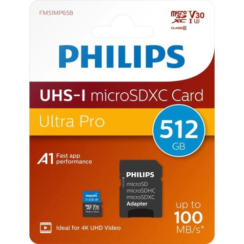 Philips 512GB microSDXC Ultra Pro Class10 UHS-I U3 V30 A1 + adapterrel