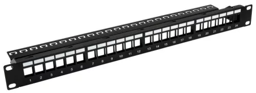 Nestron 19" keystone patch panel; 24 port; Cat5e/Cat6/Cat6A kompatibilis; árnyékolatlan; tehermentesítővel