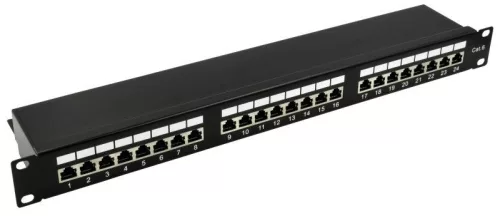 Nestron 19" patch panel; 24 port; Cat6; árnyékolt; tehermentesítővel; dual IDC (Krone/110)