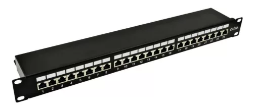 Nestron 19" patch panel; 24 port; Cat6A; árnyékolt; tehermentesítővel; dual IDC (Krone/110)