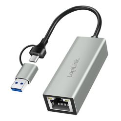   Logilink USB-C to Gigabit Ethernet Adapter with 2-in-1 USB Connection Grey