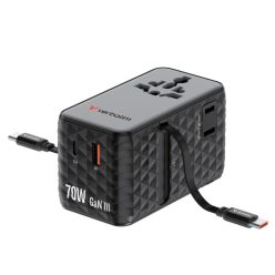   Verbatim Charge ''n'' Travel 70W GaN III Universal Travel Adapter with 2 Retractable USB-C Cables Black