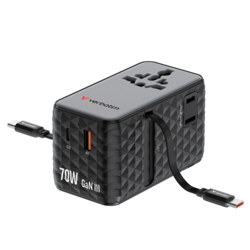 Verbatim Charge ''n'' Travel 70W GaN III Universal Travel Adapter with 2 Retractable USB-C Cables Black