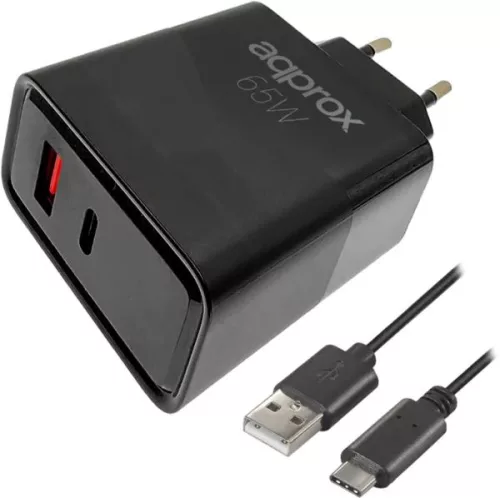 Approx APPUSBWALL65W Cargador 65WATT QC 1 X USB A+ 1 X USB C+cable Black