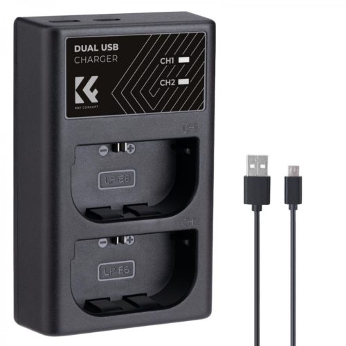 K&F Concept hordozható dupla LC-E6 akkumulátor töltő, USB-C, 2db LP-E6NH akkumulátorhoz