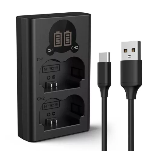 K&F Concept hordozható dupla NP-W235 akkumulátor töltő, LCD, USB-C, 2db NP-W235 akkumulátorhoz