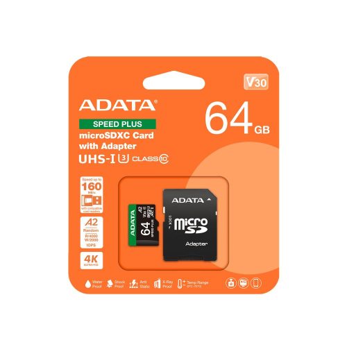 A-Data 64GB microSDXC Speed Plus Class 10 UHS-I U3 V30 + adapterrel