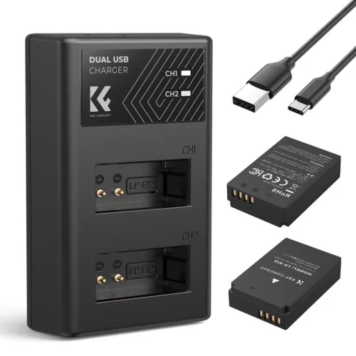 K&F Concept hordozható dupla USB-C akkumulátor LC-E12 töltő + 2db LP-E12 akkumulátor 1100mAh