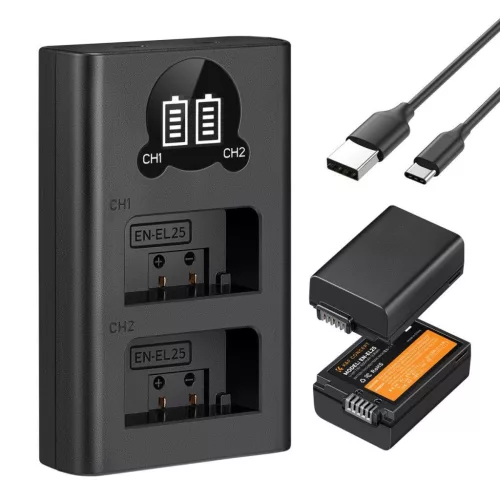 K&F Concept hordozható dupla USB-C akkumulátor MH-32 töltő, LCD + 2db EN-EL25 akkumulátor 1600mAh