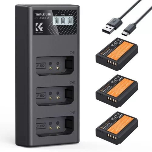 K&F Concept hordozható tripla USB-C akkumulátor LC-E10 töltő, LCD + 3db LP-E10 akkumulátor 1200mAh