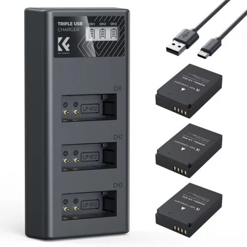 K&F Concept hordozható tripla USB-C akkumulátor LC-E12 töltő, LCD + 3db LP-E12 akkumulátor 1100mAh