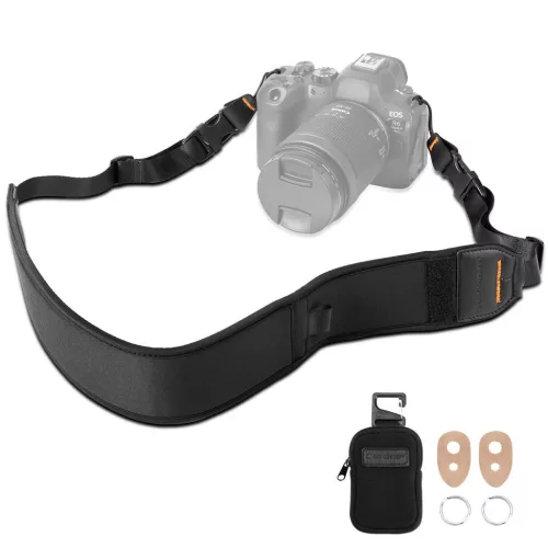 K&F Concept lapos neoprén nyakpánt gyorskioldó csattal, 6 x 109-133cm, akkumulátor tartóval, fekete