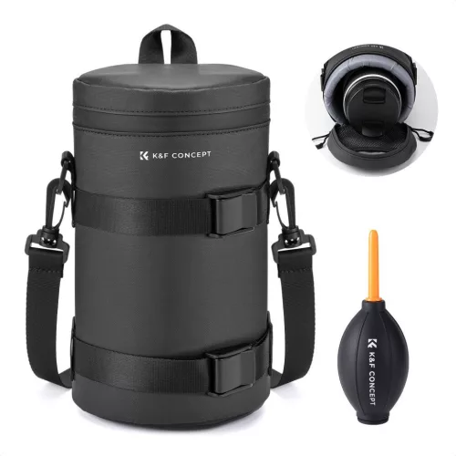 K&F Concept objektív védő tok, XL méret, 11x22cm, vállpánt, csepp és porálló zipzár, ráadás pumpa