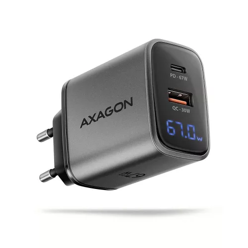 AXAGON ACU-PQ67D PD3.0 & QC4+ 2xOUTPUTS LCD display wall charger 67W Black