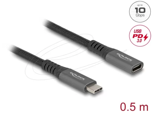 DeLock USB Type-C male to female PD 3.0 100W cable 0,5m Grey Metal