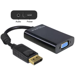  DeLock Displayport 1.1 male to VGA 15 pin female + audio + power Black adapter