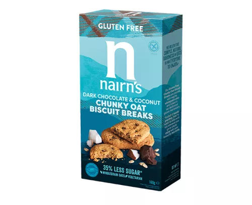 Nairns gluténmentes teljeskiőrlésű 57% rostdús zabkeksz étcsoki&kókusz 160 g