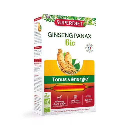 Superdiet ginseng panax az erőnlét és energiaszint támogatására, vegán ampulla 20x10ml 200 ml