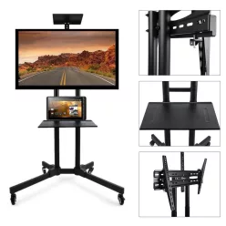   Prezentációs mobil állvány, 32–65"-os TV-hez, laptop- és projektortartó tálcával, 50 kg teherbírás, fékezhető kerekekkel