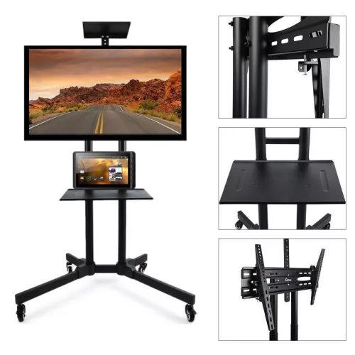 Prezentációs mobil állvány, 32–65"-os TV-hez, laptop- és projektortartó tálcával, 50 kg teherbírás, fékezhető kerekekkel