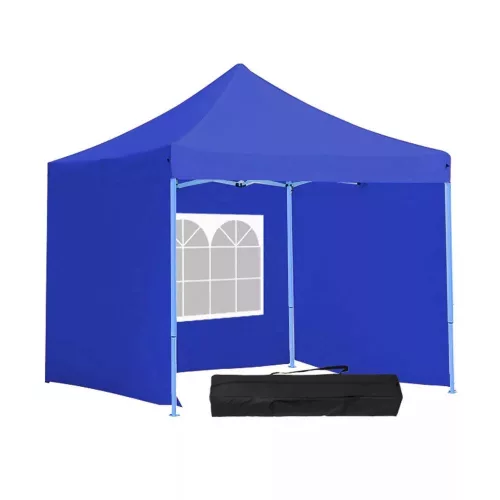 Összecsukható kerti pavilon, 2,9 × 2,9 m, kék színben, oldalfalakkal és hordtáskával, fém vázzal, PVC és oxford anyagból, 3,2 m teljes magassággal, stabil és könnyen felállítható szerkezettel, kültéri használatra
