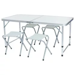   Kempingasztal szett, 1 összecsukható, állítható magasságú asztallal és 4 székkel, fehér, fémvázas, hordozható kivitel, 30 kg teherbírás