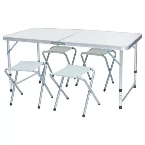 Kempingasztal szett, 1 összecsukható, állítható magasságú asztallal és 4 székkel, fehér, fémvázas, hordozható kivitel, 30 kg teherbírás