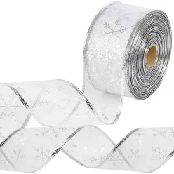   250 LED-es karácsonyi szalag, 25 m, ezüst, melegfehér fényű, hópehely mintás, 6 cm széles, hálózati