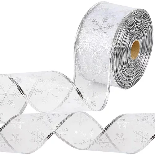250 LED-es karácsonyi szalag, 25 m, ezüst, melegfehér fényű, hópehely mintás, 6 cm széles, hálózati