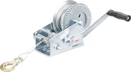 Csörlő, Strend Pro HW-100-1350, ezüst, racsnis, kézi, 10 m acélkötél, 5 mm kötélátmérő, 1350 kg teherbírás