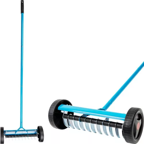 Kerti gereblye, Strend Pro Garden, kék/fekete, 11 fogú, acél fej, fém nyél, 34 cm munkaszélesség, 130 cm nyél, gyomtalanításhoz, gyepszellőztető, kerekekkel