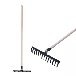   Kerti gereblye, Strend Pro Garden, fekete, 14 fogú, acél fej, fa nyél, 34,5 cm munkaszélesség, 160 cm nyél