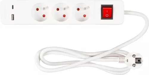 USB-s hosszabbítós elosztó kapcsolóval, Strend Pro LG-FB603K, 1,4 m, fehér, 3 aljzat, 16 A, 1,5 mm2, USB-A és USB-C töltőportok (5,2 V)