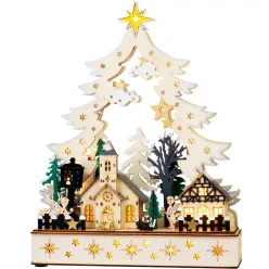   Karácsonyi dekoráció, MagicHome Vianoce, falu, 25 x 7,5 x 32 cm, 12 db melegfehér LED, fa, elemes (2 x AA)