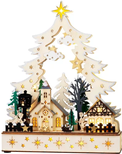 Karácsonyi dekoráció, MagicHome Vianoce, falu, 25 x 7,5 x 32 cm, 12 db melegfehér LED, fa, elemes (2 x AA)