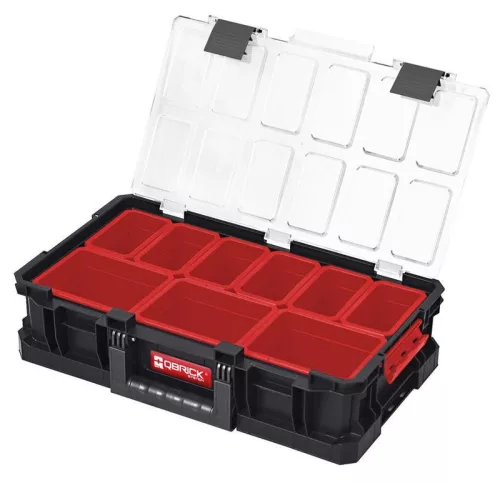 Rendszerező koffer, Qbrick Patrol System Two Organizer Plus, fekete, 9 rekesz, moduláris, polikarbonát fedél, poliamid reteszek, szilárd fogantyú
