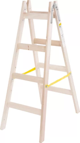 Kétrészes létra, Strend Pro, 2 x 4 fokos, fa, 130 cm, 150 kg teherbírás, kétoldalas kivitel, vödörtartó kampóval, horganyzott fém részek