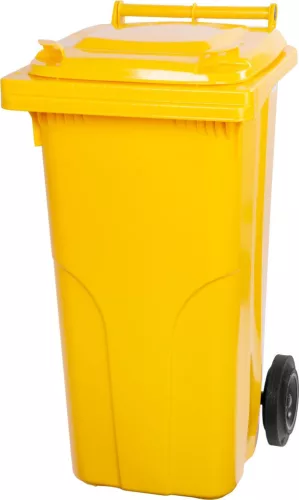 Műanyag hulladéktároló, szelektív kültéri kuka, Extra erős, UV-álló, kerékkel, nyitható tetővel - 120 l sárga