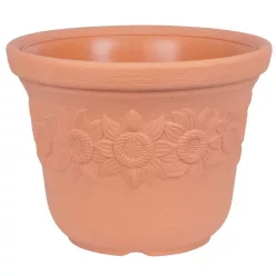   Műanyag virágcserép, Prosperplast Sunny, terrakotta, átmérő: 40 cm, magasság: 30,7 cm, napraforgó minta, 22 l, kerek