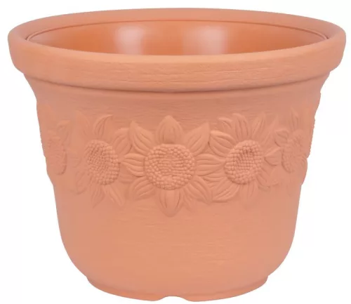 Műanyag virágcserép, Prosperplast Sunny, terrakotta, átmérő: 40 cm, magasság: 30,7 cm, napraforgó minta, 22 l, kerek
