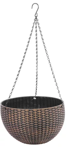 Függő virágcserép, Strend Pro Garden Modern, arany, átmérő: 26 cm, magasság: 16 cm, lánccal és akasztóval, rattan hatású, kerek