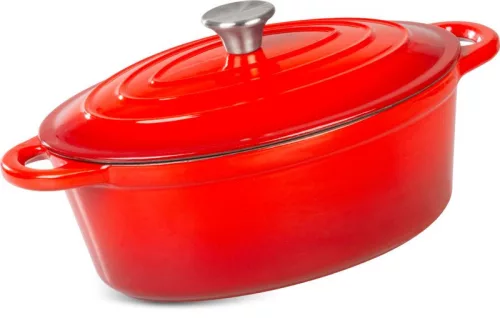 Lábas, MagicHome Castora Line, 30 cm, 4,4 l, piros, fedővel, zománcozott öntöttvas, sütőben használható, indukciós kompatibilis