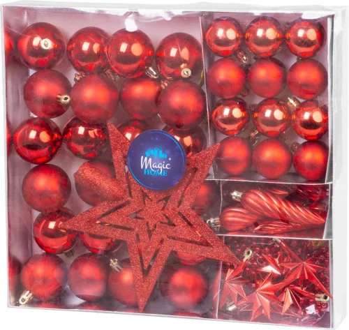 MagicHome karácsonyi gömbök, készlet, 50 db, 4-5 cm, piros, csillag, füzér, toboz, karácsonyfára